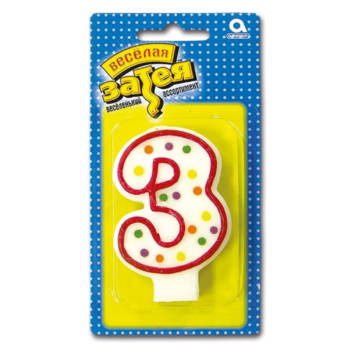 Свеча Цифра Белая в Горошек "3" 