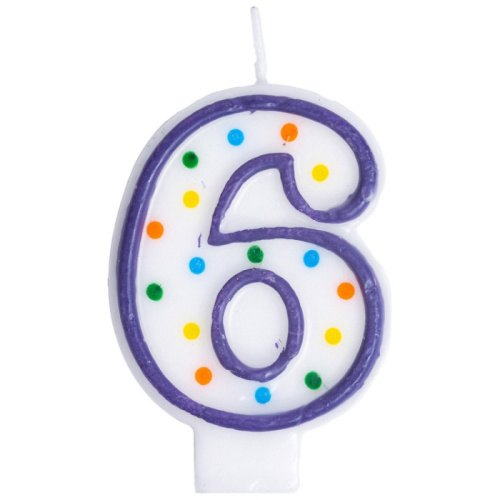 Свеча Цифра Белая в Горошек "6" 