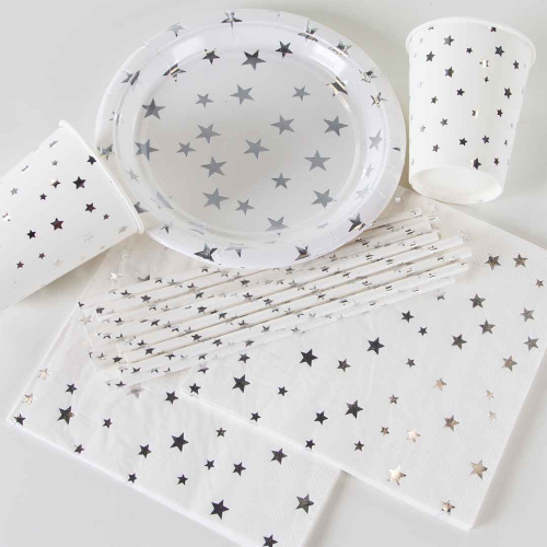Тарелки Звезды Серебро на Белом 18см/6шт 
