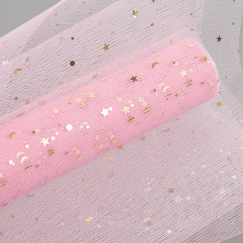 Фатин Розовый с Золотыми Звездами, Рулон 480мм/4,57м 