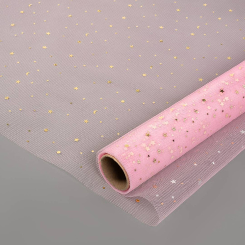 Фатин Розовый с Золотыми Звездами, Рулон 480мм/4,57м 